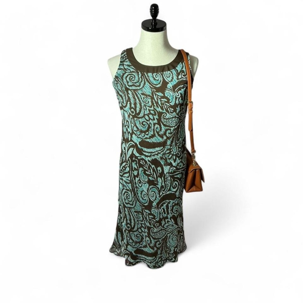 Studio I Retro Paisley Shift Dress Womens 10P Brown Teal Mod Sleeveless‎ Midi